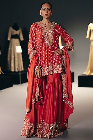 Coral Silk Dupion Sequins Embroidered Gharara Set by Sana Barreja