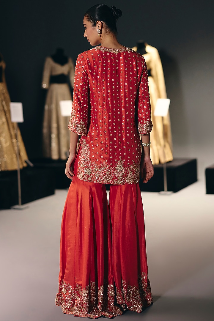 Coral Silk Dupion Sequins Embroidered Gharara Set by Sana Barreja at Pernia's Pop Up Shop