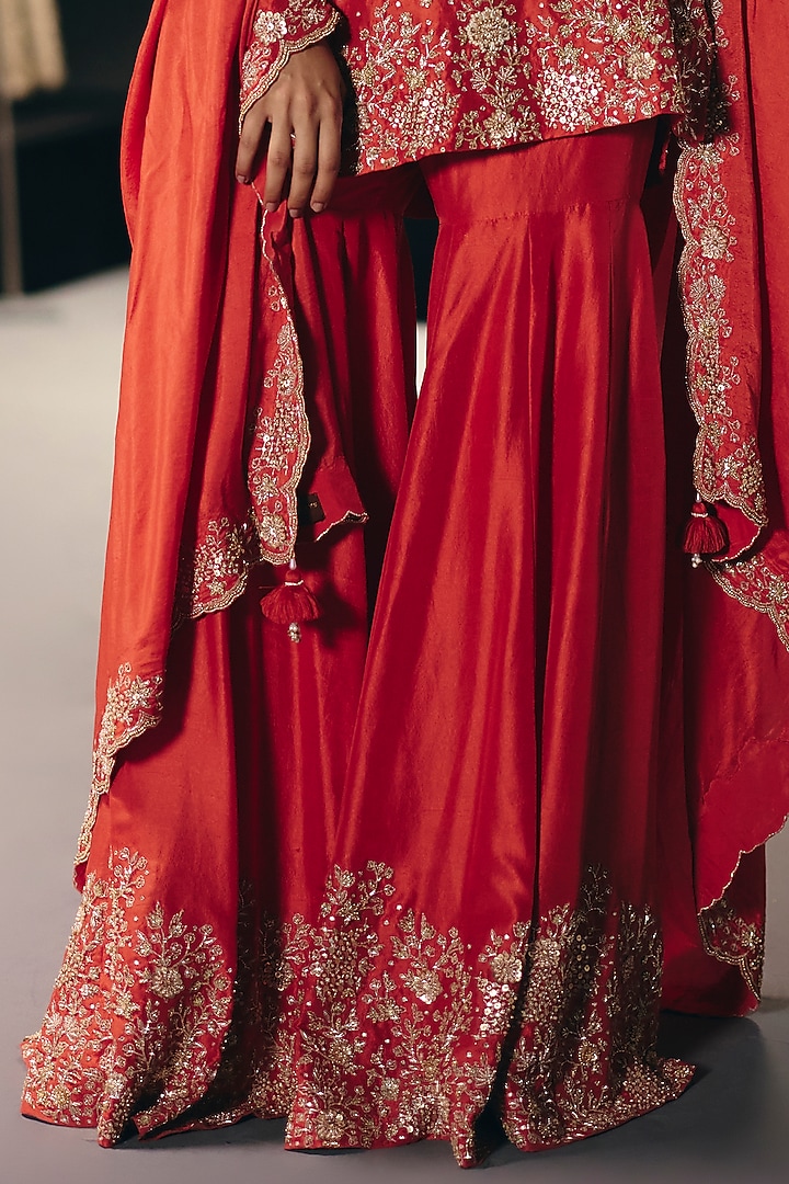 Coral Silk Dupion Sequins Embroidered Gharara Set by Sana Barreja at Pernia's Pop Up Shop
