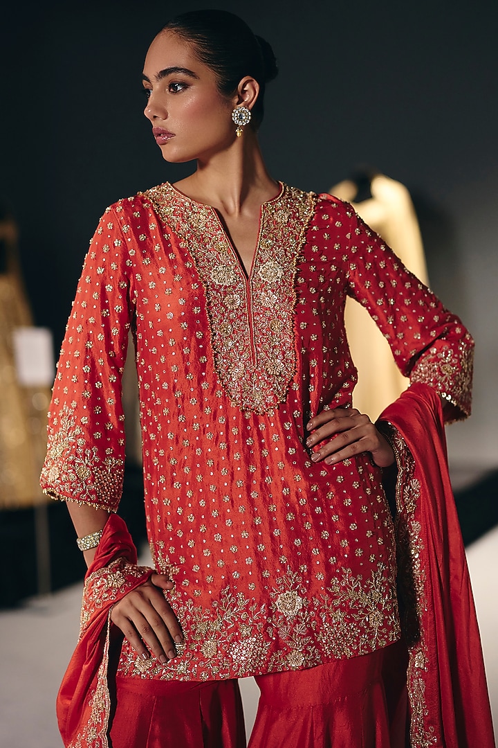 Coral Silk Dupion Sequins Embroidered Gharara Set by Sana Barreja at Pernia's Pop Up Shop