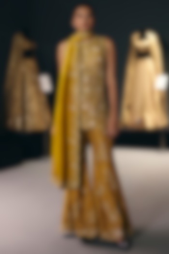 Yellow Silk Dupion Zari Embroidered Flared Bridal Sharara Set by Sana Barreja at Pernia's Pop Up Shop