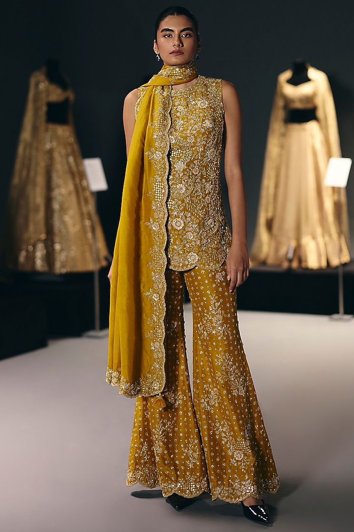 Yellow Silk Dupion Zari Embroidered Flared Bridal Sharara Set by Sana Barreja at Pernia's Pop Up Shop