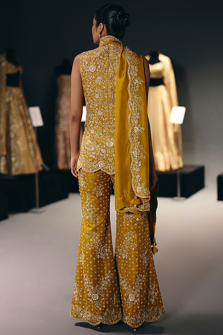 Yellow Silk Dupion Zari Embroidered Flared Bridal Sharara Set by Sana Barreja at Pernia's Pop Up Shop