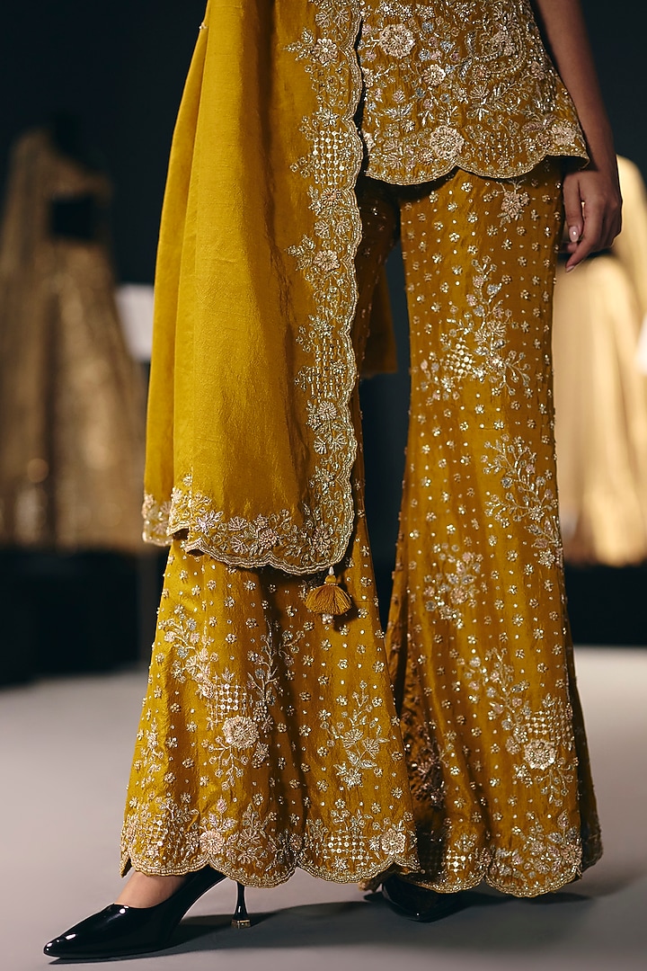 Yellow Silk Dupion Zari Embroidered Flared Bridal Sharara Set by Sana Barreja at Pernia's Pop Up Shop