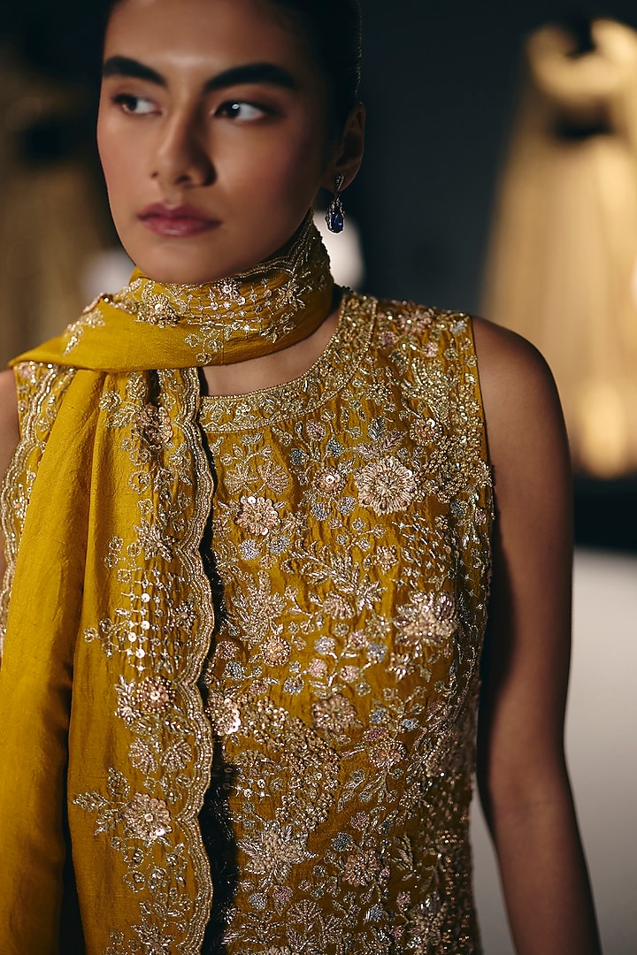 Yellow Silk Dupion Zari Embroidered Flared Bridal Sharara Set by Sana Barreja at Pernia's Pop Up Shop