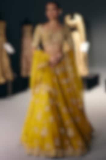 Yellow Silk Organza Sequins & Thread Embroidered Bridal Lehenga Set by Sana Barreja at Pernia's Pop Up Shop