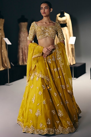 Yellow Silk Organza Sequins & Thread Embroidered Lehenga Set by Sana Barreja