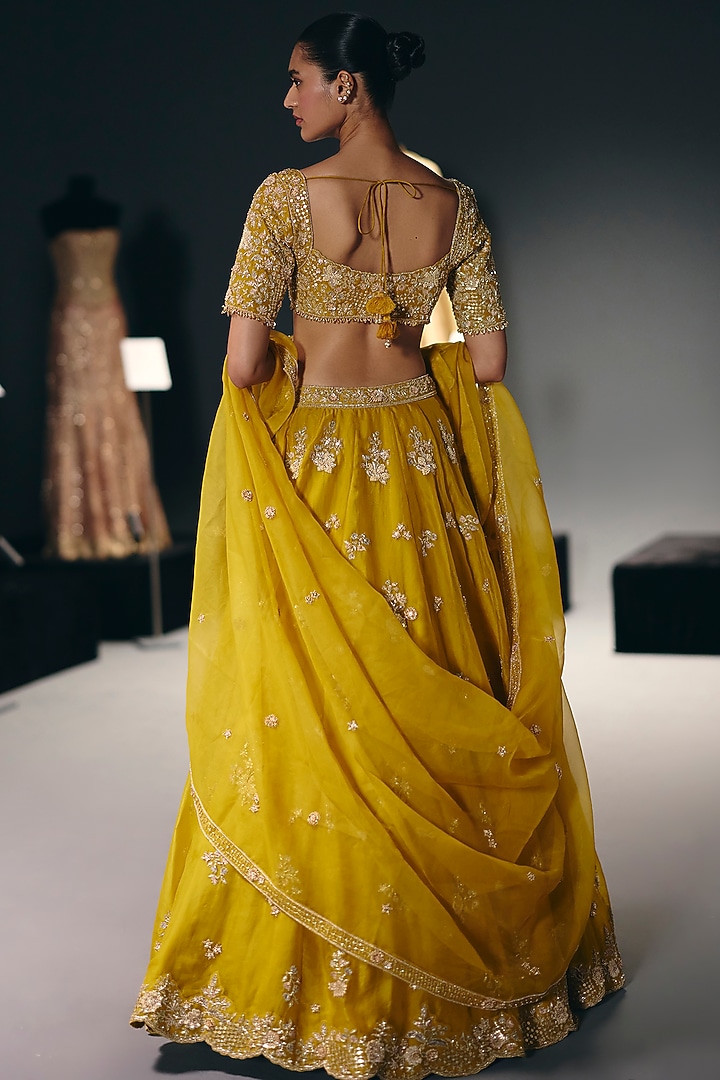 Yellow Silk Organza Sequins & Thread Embroidered Bridal Lehenga Set by Sana Barreja at Pernia's Pop Up Shop