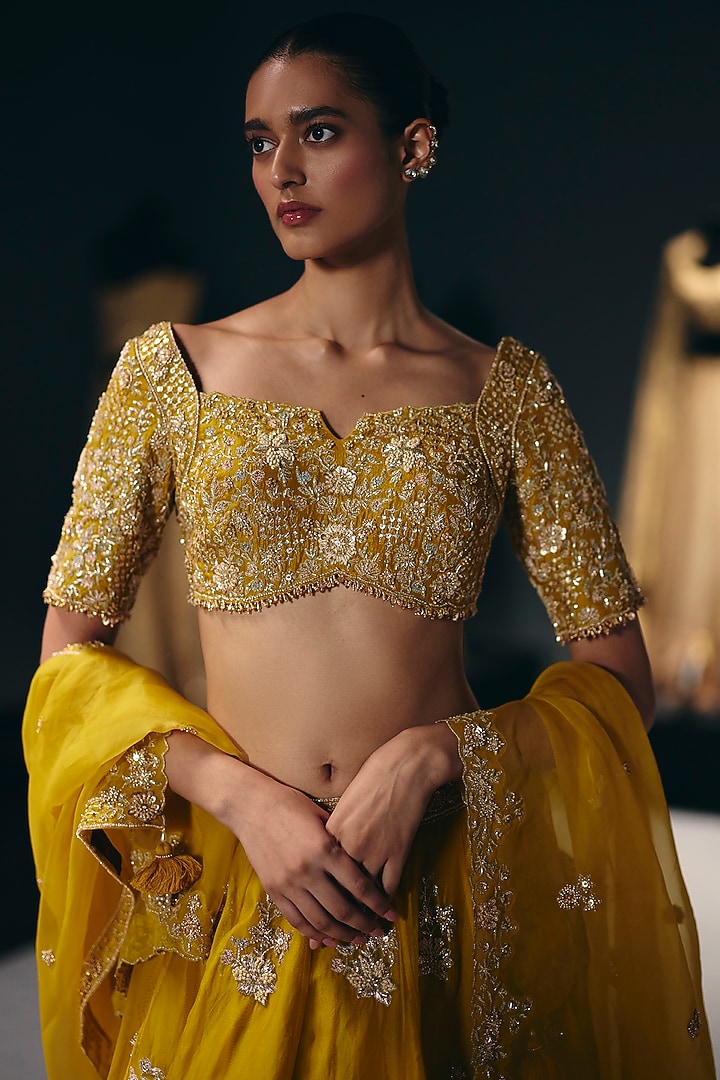 Yellow Silk Organza Sequins & Thread Embroidered Bridal Lehenga Set by Sana Barreja at Pernia's Pop Up Shop