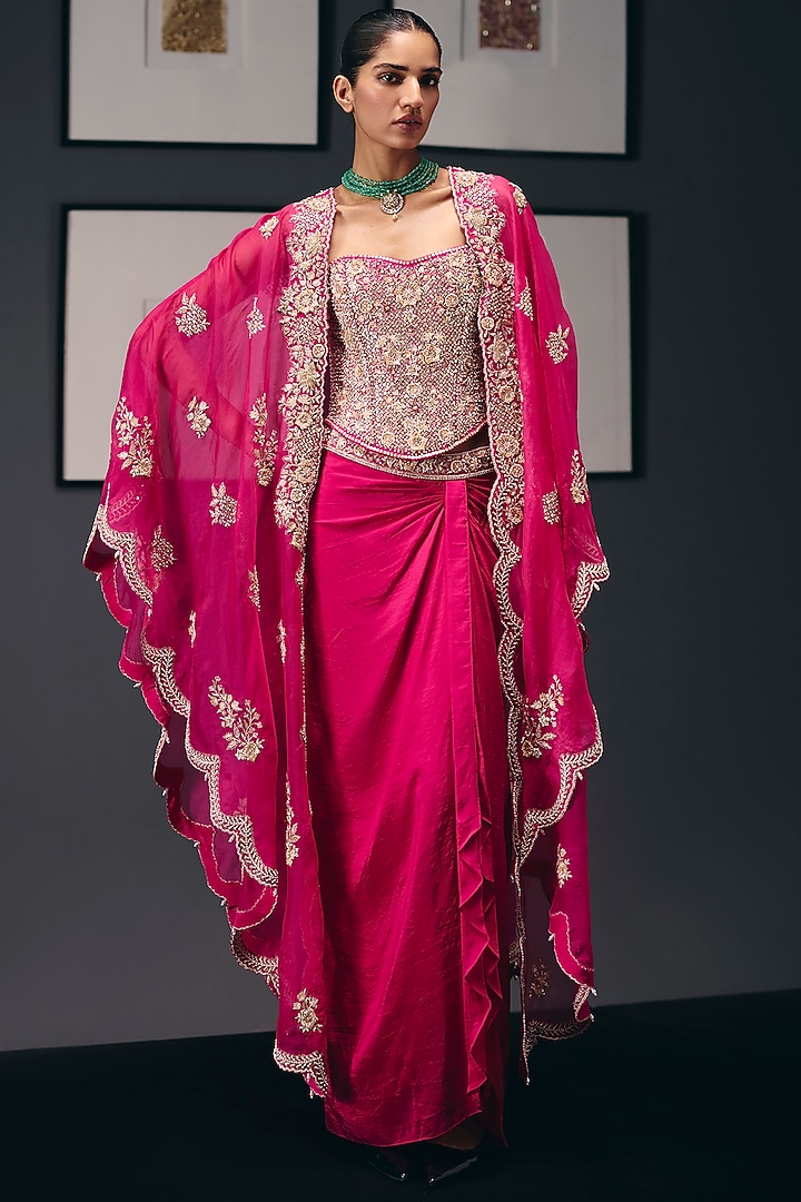 Fuchsia Pink Silk Organza Sequins Embroidered Cape Set by Sana Barreja at Pernia's Pop Up Shop