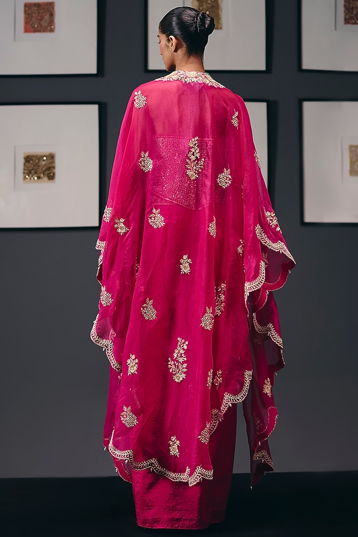 Fuchsia Pink Silk Organza Sequins Embroidered Cape Set by Sana Barreja at Pernia's Pop Up Shop