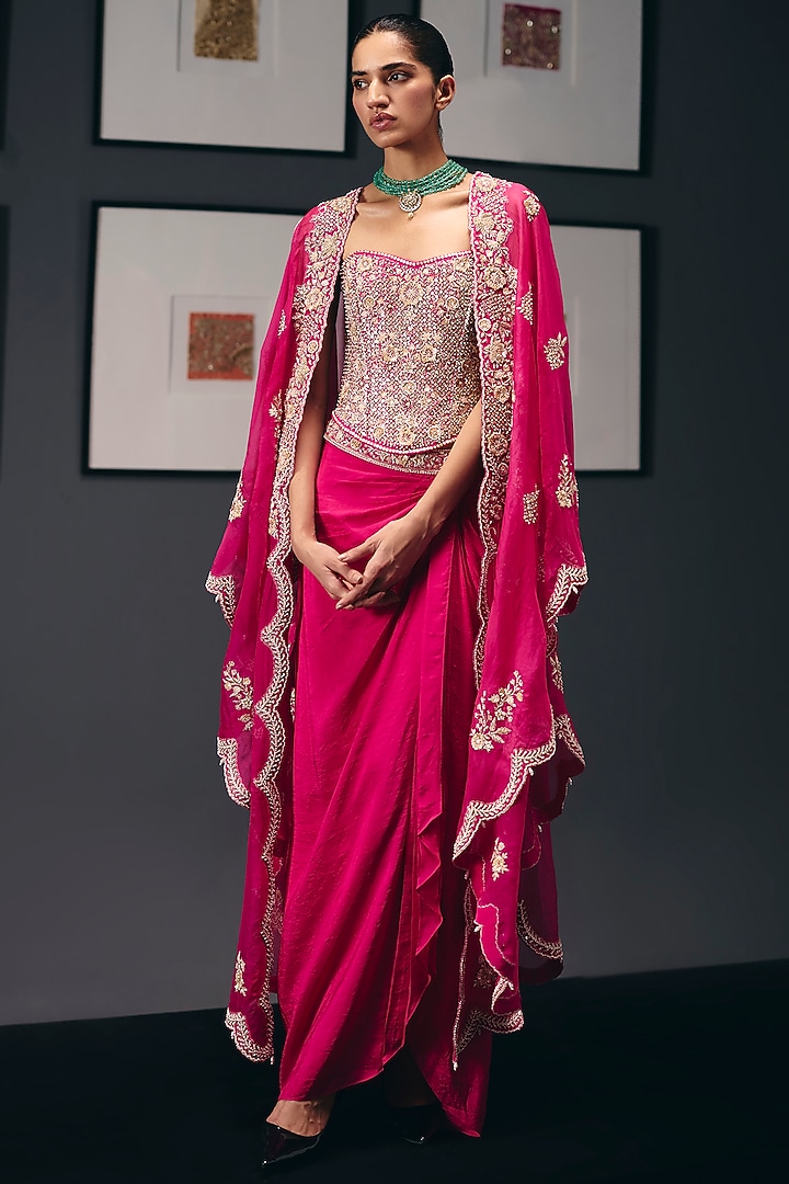 Fuchsia Pink Silk Organza Sequins Embroidered Cape Set by Sana Barreja at Pernia's Pop Up Shop