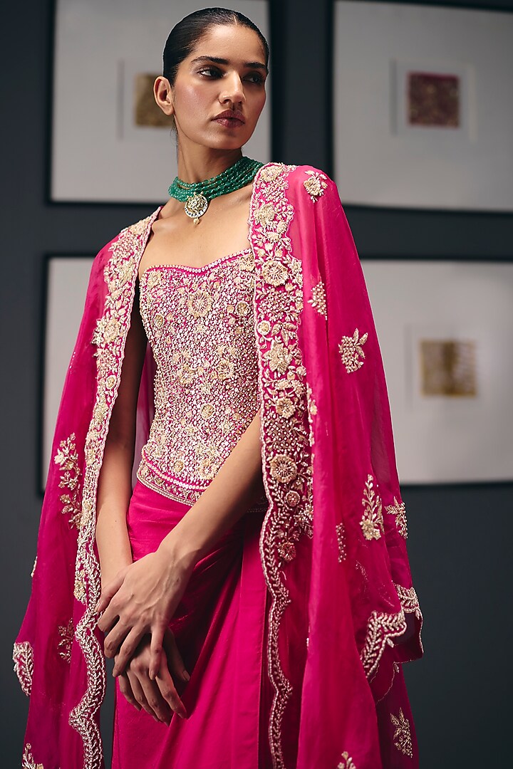 Fuchsia Pink Silk Organza Sequins Embroidered Cape Set by Sana Barreja at Pernia's Pop Up Shop