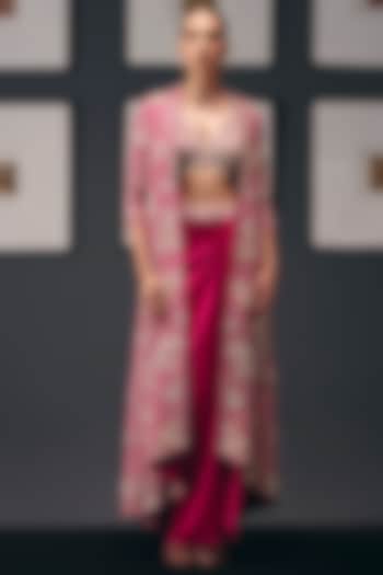 Fuchsia Pink Silk Dupion Sequins Embroidered Jacket Set by Sana Barreja at Pernia's Pop Up Shop