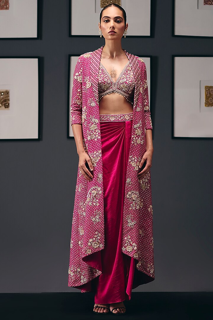 Fuchsia Pink Silk Dupion Sequins Embroidered Jacket Set by Sana Barreja at Pernia's Pop Up Shop