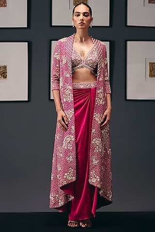 Fuchsia Pink Silk Dupion Sequins Embroidered Jacket Set by Sana Barreja