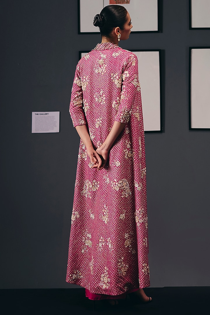 Fuchsia Pink Silk Dupion Sequins Embroidered Jacket Set by Sana Barreja at Pernia's Pop Up Shop