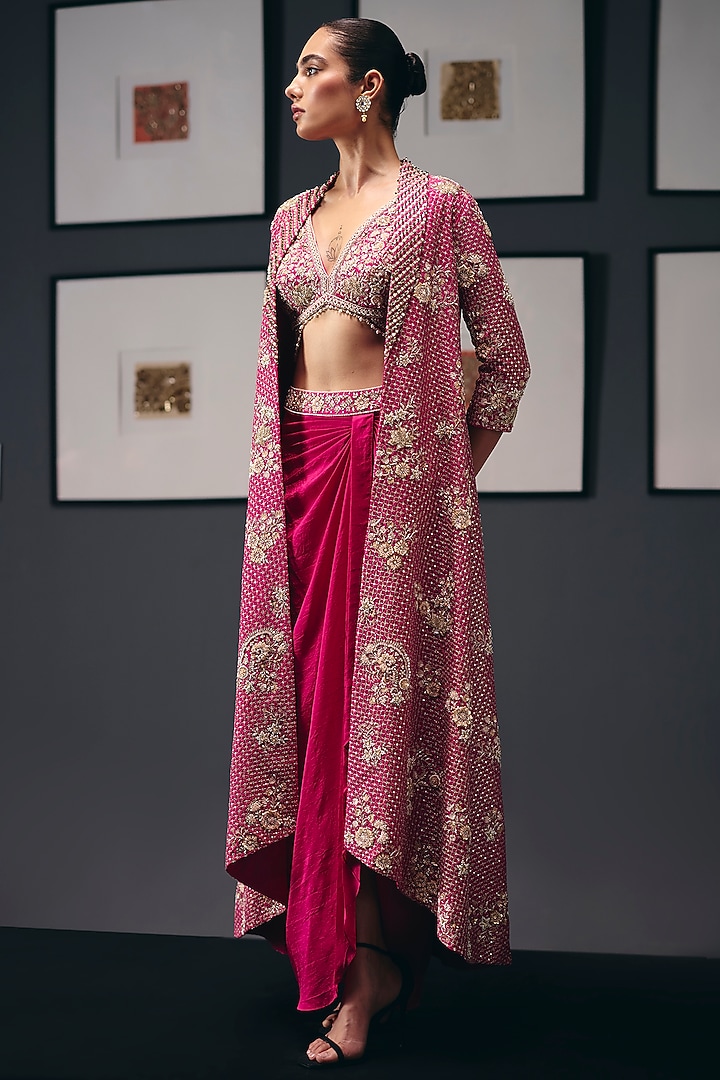 Fuchsia Pink Silk Dupion Sequins Embroidered Jacket Set by Sana Barreja at Pernia's Pop Up Shop