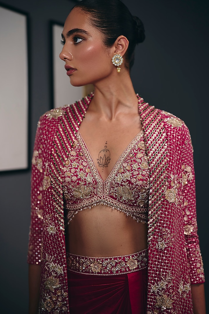 Fuchsia Pink Silk Dupion Sequins Embroidered Jacket Set by Sana Barreja at Pernia's Pop Up Shop