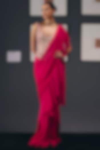 Fuchsia Pink Pure Chiffon Draped Wedding Saree Set by Sana Barreja at Pernia's Pop Up Shop