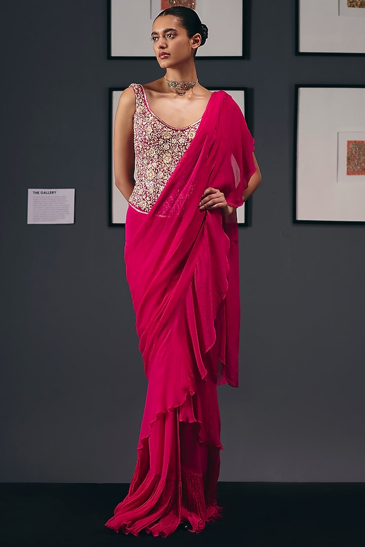 Fuchsia Pink Pure Chiffon Draped Wedding Saree Set by Sana Barreja at Pernia's Pop Up Shop