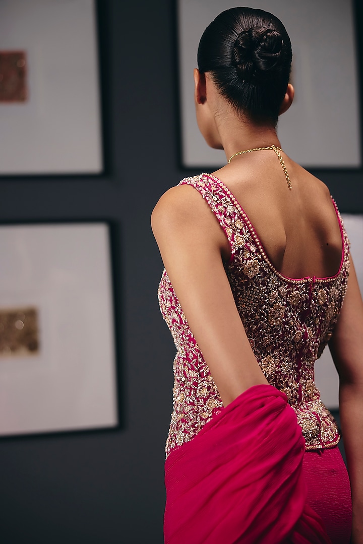 Fuchsia Pink Pure Chiffon Draped Wedding Saree Set by Sana Barreja at Pernia's Pop Up Shop