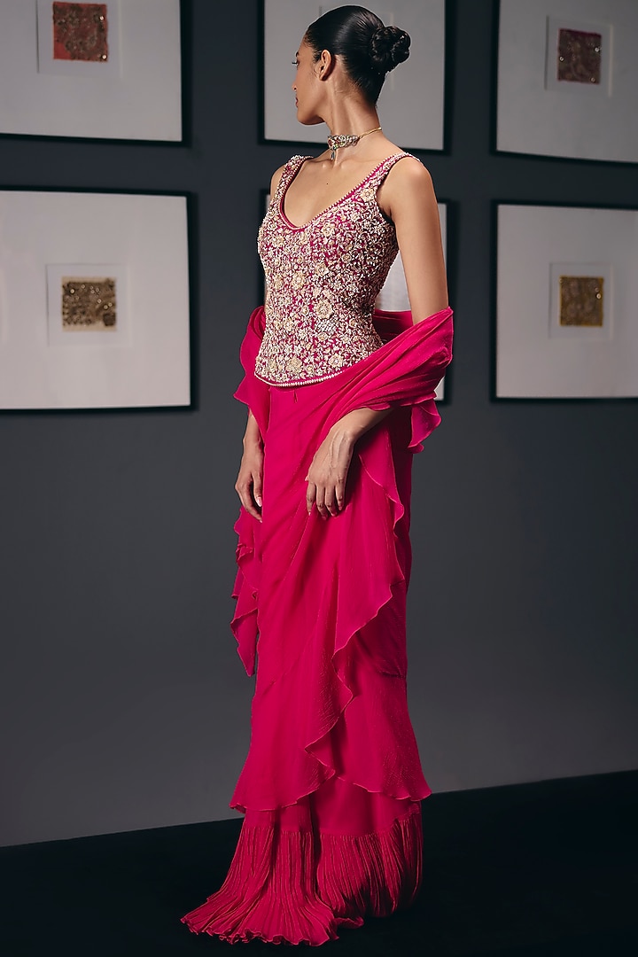 Fuchsia Pink Pure Chiffon Draped Wedding Saree Set by Sana Barreja at Pernia's Pop Up Shop