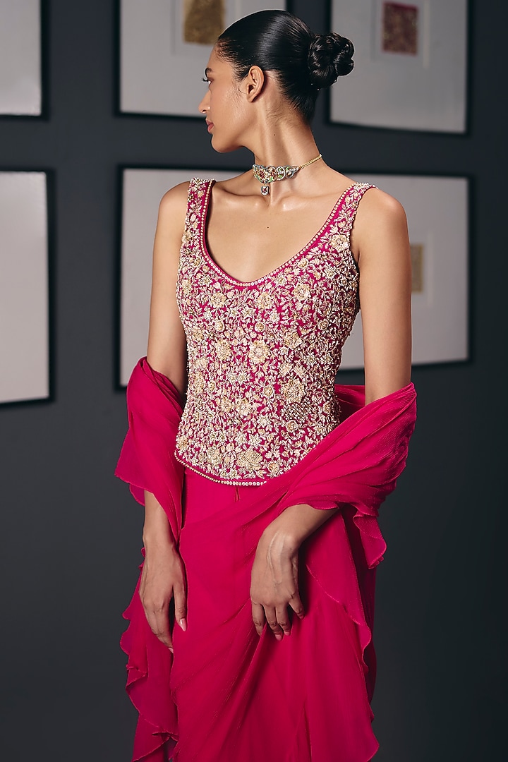 Fuchsia Pink Pure Chiffon Draped Wedding Saree Set by Sana Barreja at Pernia's Pop Up Shop