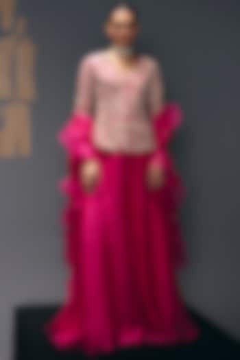 Fuchsia Pink Pure Dupion Zari Embroidered Jacket Set by Sana Barreja at Pernia's Pop Up Shop