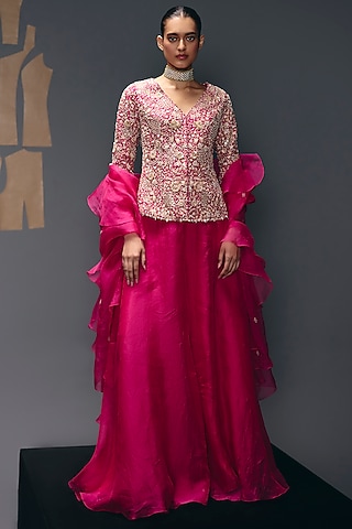 Fuchsia Pink Pure Dupion Zari Embroidered Jacket Set by Sana Barreja