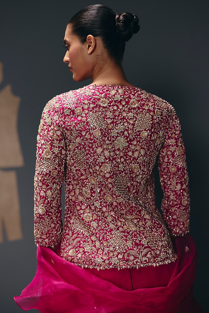 Fuchsia Pink Pure Dupion Zari Embroidered Jacket Set by Sana Barreja at Pernia's Pop Up Shop