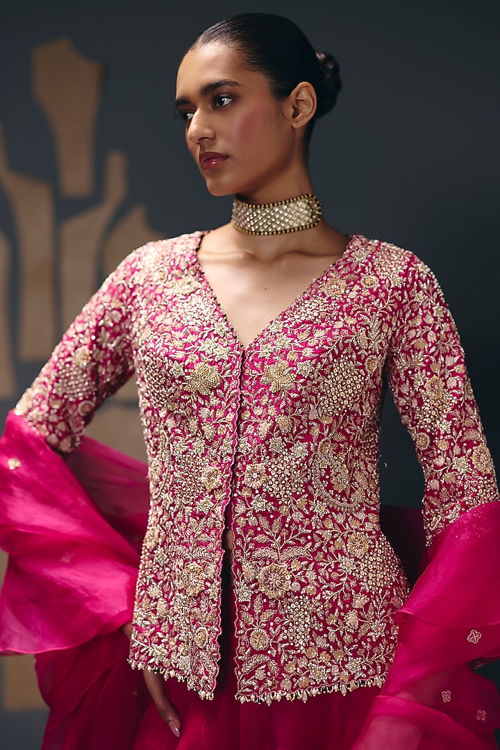 Fuchsia Pink Pure Dupion Zari Embroidered Jacket Set by Sana Barreja at Pernia's Pop Up Shop