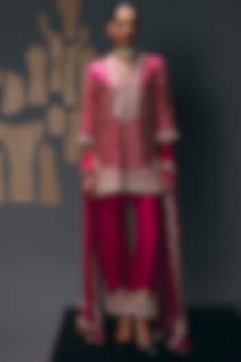 Fuchsia Pink Pure Dupion Zari Embroidered Kurta Set by Sana Barreja at Pernia's Pop Up Shop