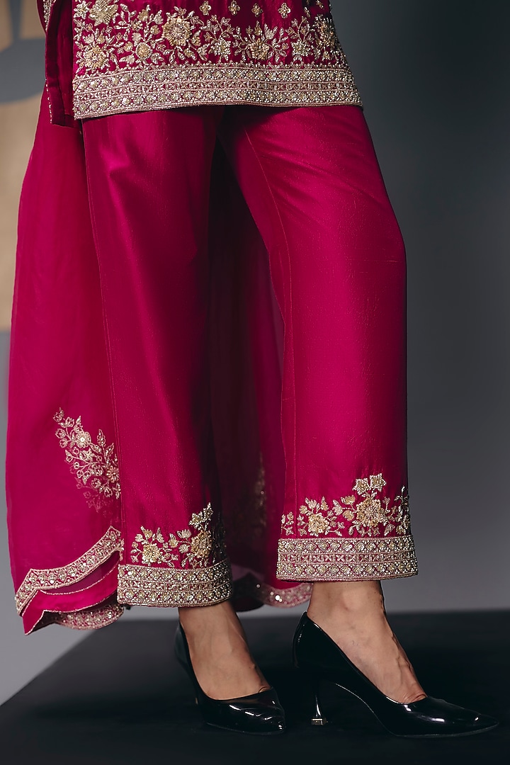 Fuchsia Pink Pure Dupion Zari Embroidered Kurta Set by Sana Barreja at Pernia's Pop Up Shop