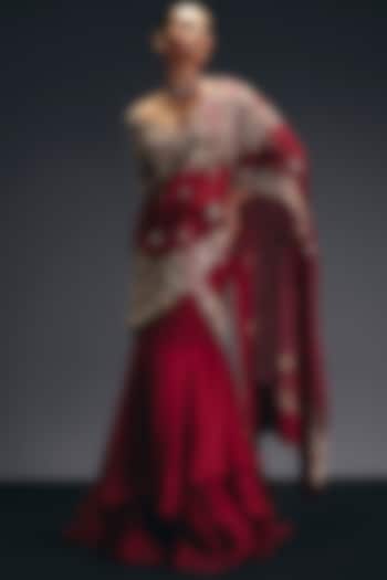 Red Silk Organza Sequins Embroiderde Draped Ruffled Reception Saree Set by Sana Barreja at Pernia's Pop Up Shop