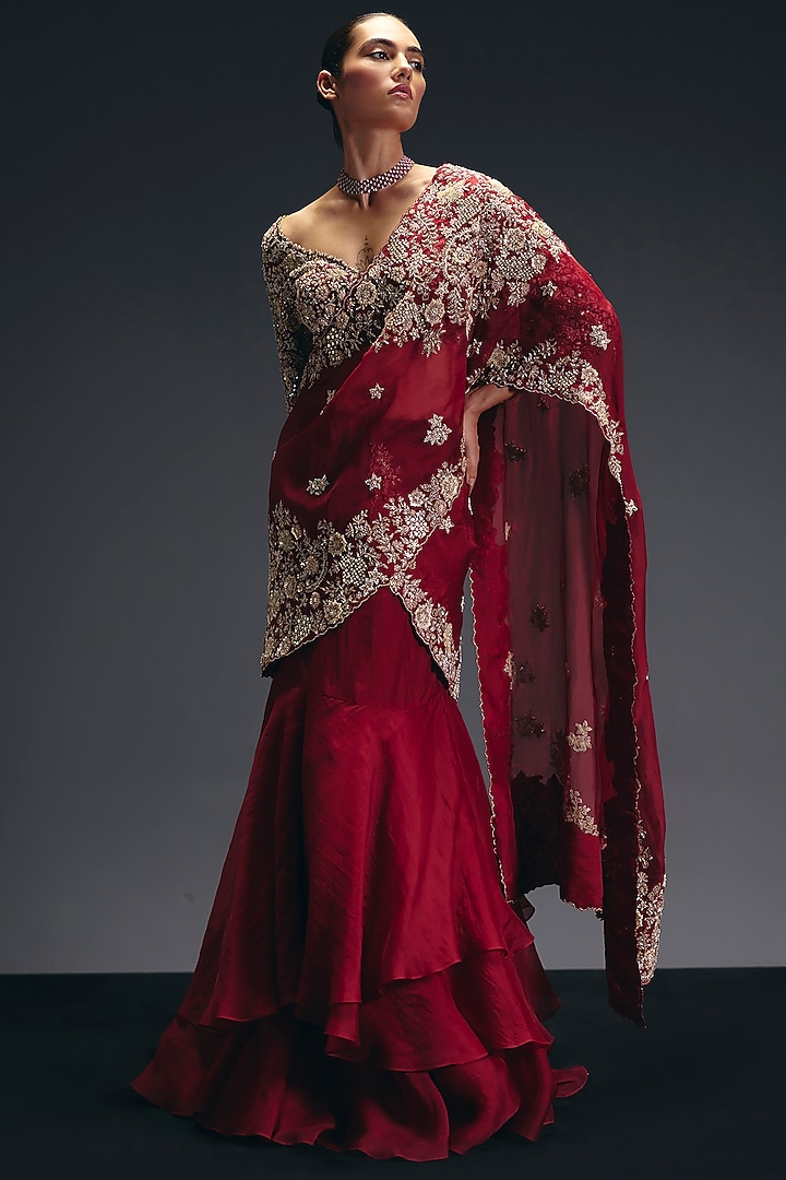 Red Silk Organza Sequins Embroiderde Draped Ruffled Reception Saree Set by Sana Barreja at Pernia's Pop Up Shop