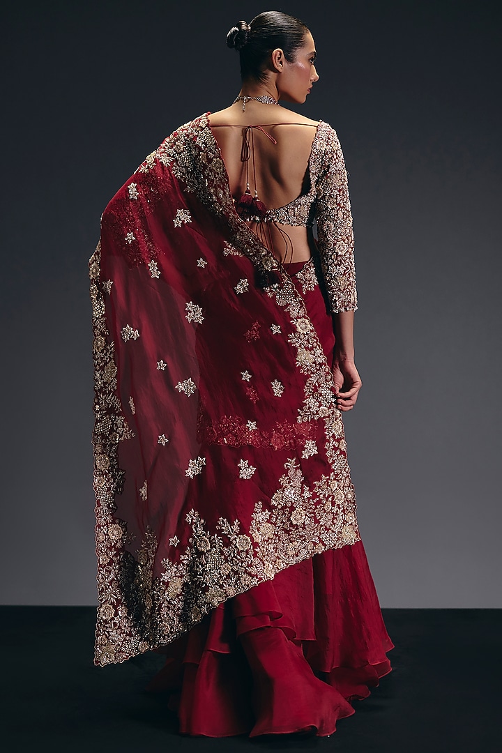 Red Silk Organza Sequins Embroiderde Draped Ruffled Reception Saree Set by Sana Barreja at Pernia's Pop Up Shop