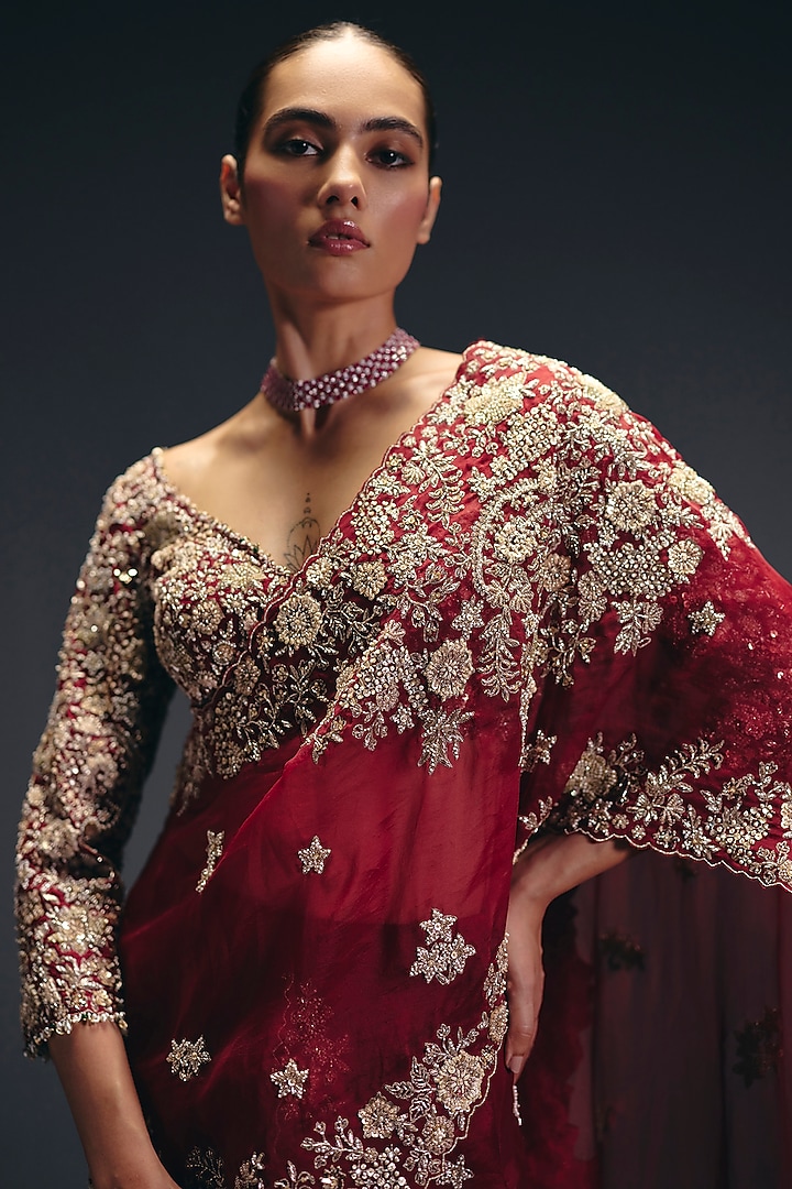 Red Silk Organza Sequins Embroiderde Draped Ruffled Reception Saree Set by Sana Barreja at Pernia's Pop Up Shop