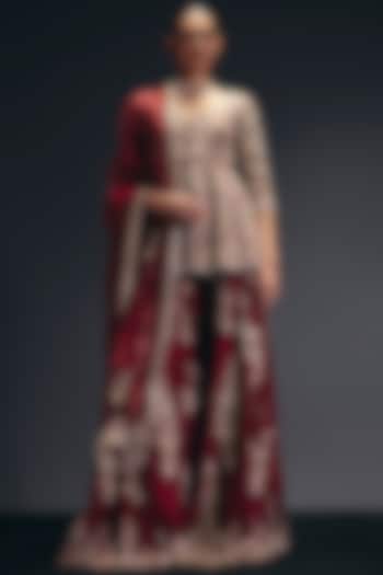 Red Silk Dupion Zardosi Embroidered Bridal Sharara Set by Sana Barreja at Pernia's Pop Up Shop