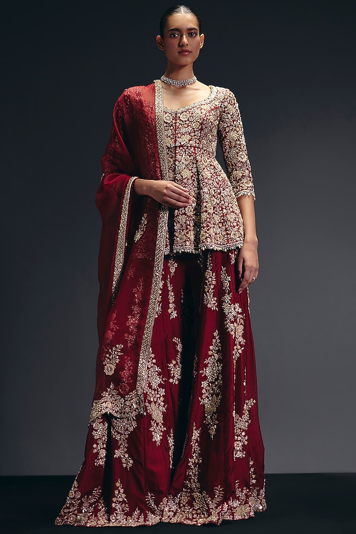 Red Silk Dupion Zardosi Embroidered Bridal Sharara Set by Sana Barreja at Pernia's Pop Up Shop