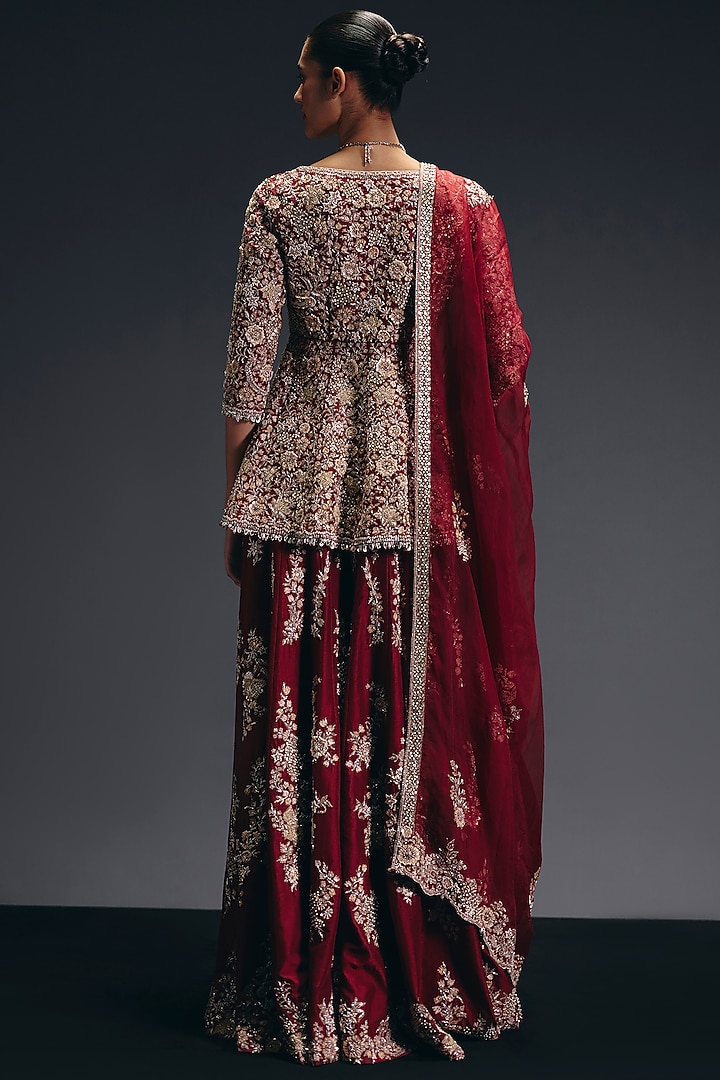 Red Silk Dupion Zardosi Embroidered Bridal Sharara Set by Sana Barreja at Pernia's Pop Up Shop