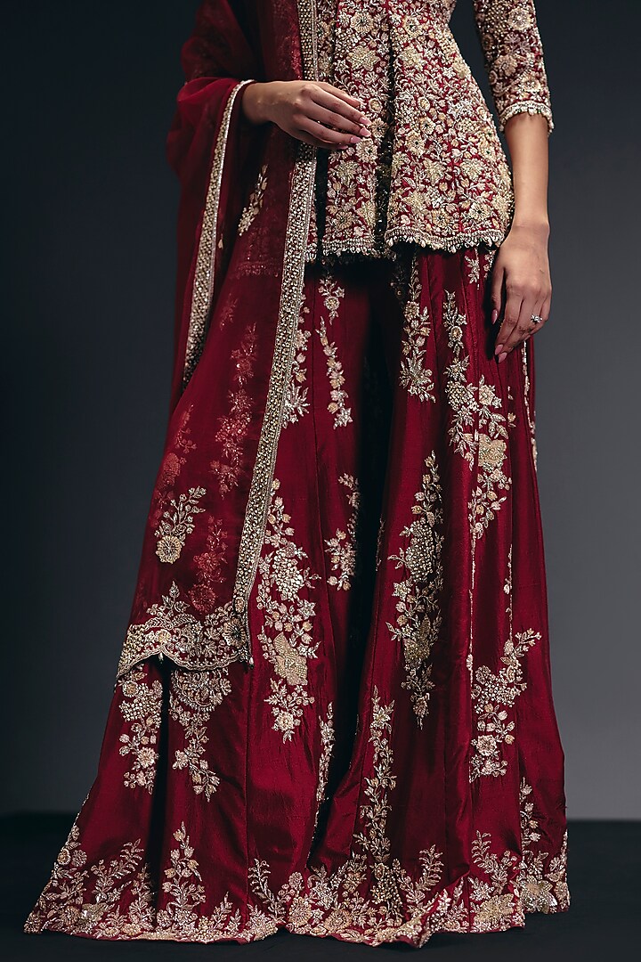 Red Silk Dupion Zardosi Embroidered Bridal Sharara Set by Sana Barreja at Pernia's Pop Up Shop