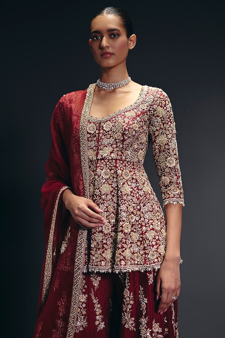 Red Silk Dupion Zardosi Embroidered Bridal Sharara Set by Sana Barreja at Pernia's Pop Up Shop