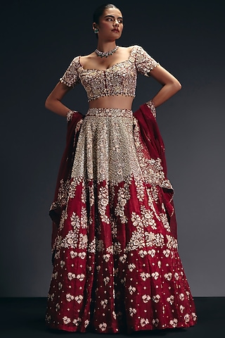 Red Silk Dupion Zardosi Embroidered Lehenga Set by Sana Barreja