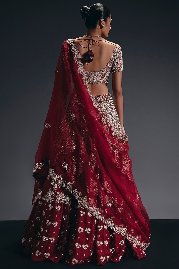 Red Silk Dupion Zardosi Embroidered Bridal Lehenga Set by Sana Barreja at Pernia's Pop Up Shop
