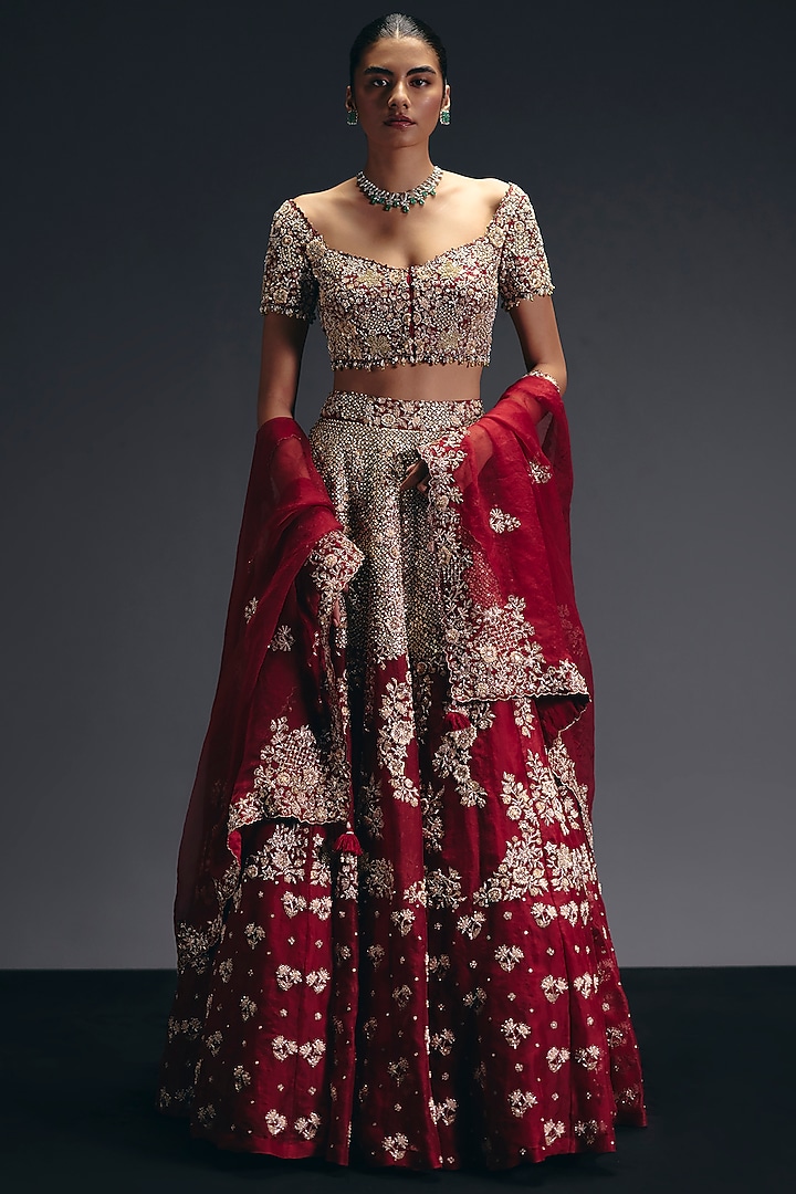 Red Silk Dupion Zardosi Embroidered Bridal Lehenga Set by Sana Barreja at Pernia's Pop Up Shop