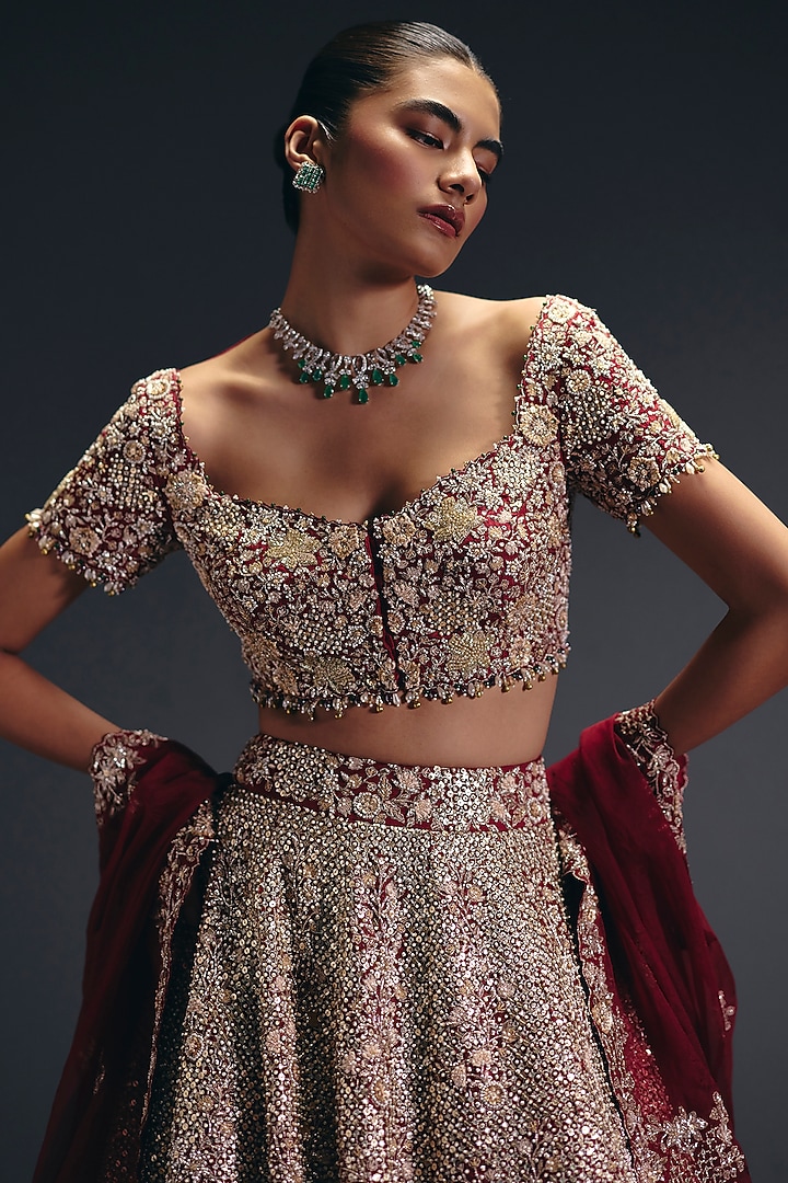 Red Silk Dupion Zardosi Embroidered Bridal Lehenga Set by Sana Barreja at Pernia's Pop Up Shop
