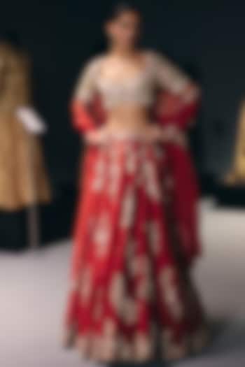 Red Silk Dupion Zardosi Embroidered Bridal Lehenga Set by Sana Barreja at Pernia's Pop Up Shop