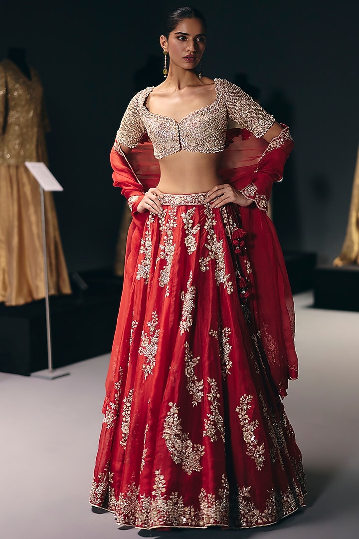 Red Silk Dupion Zardosi Embroidered Bridal Lehenga Set by Sana Barreja at Pernia's Pop Up Shop