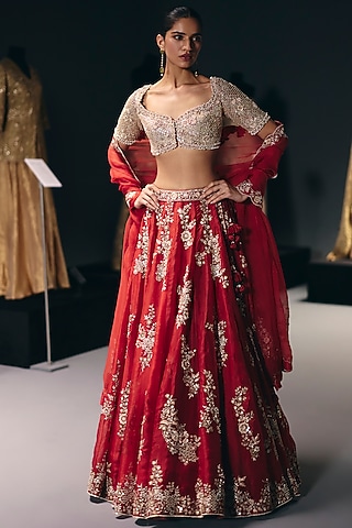 Red Silk Dupion Zardosi Embroidered Lehenga Set by Sana Barreja